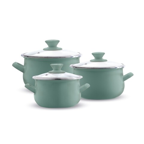 Set oale emailate 6 piese, Emalia Olkusz, 16 cm/18 cm/20 cm, 2 L/2.8 L/3.2 L, otel/sticla, verde