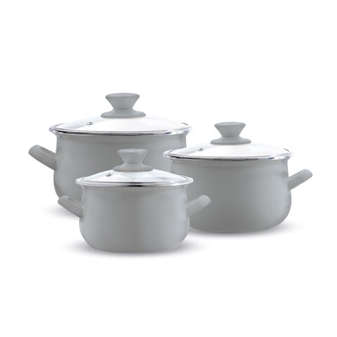 Set oale emailate 6 piese, Emalia Olkusz, 14 cm/16 cm/18 cm, 1.25 L/2 L/2.8 L, otel/sticla, gri