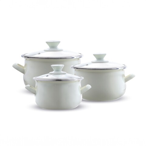 Set oale emailate 6 piese, Emalia Olkusz, 14 cm/16 cm/18 cm, 1.25 L/2 L/2.8 L, otel/sticla, crem