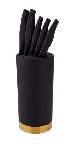 Set 5 cutite si suport Royal, Ambition, 16x11.5x36 cm, otel, negru/auriu
