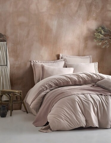 Set lenjerie de pat + cuvertura pentru doua persoane Nature - Beige, Cotton Box, 5 piese, bumbac ranforce, bej