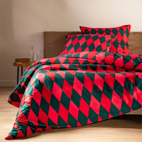 Lenjerie de pat King Size Redmas, Homla, 200x220 cm, 3 piese, microfibra din poliester, rosu/verde