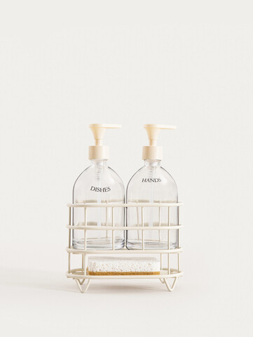 Set 2 dozatoare sapun/detergent lichid si suport Nerja, Homla, 22x10.5x19.5 cm, sticla/plastic/metal, crem/transparent