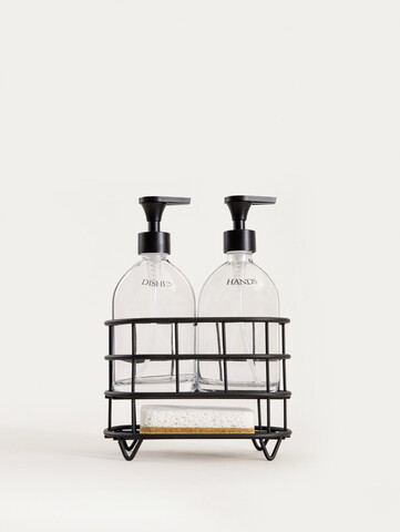Set 2 dozatoare sapun/detergent lichid si suport Nerja, Homla, 22x10.5x19.5 cm, sticla/plastic/metal, negru/transparent
