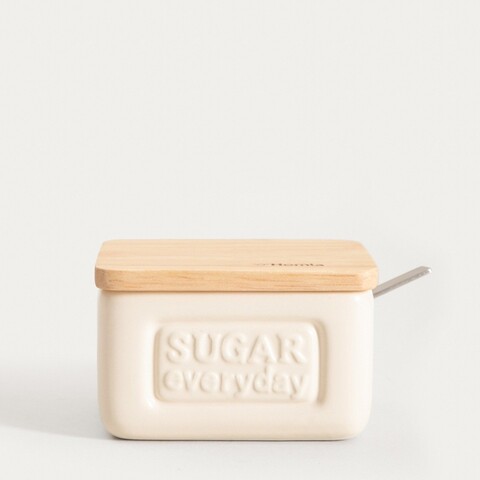 Recipient cu capac pentru zahar Sylan, Homla, 10x8x7 cm, ceramica/lemn, crem/natur