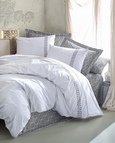 Lenjerie de pat dubla, L'essentiel Maison, Paola, Bumbac, Gri/Alb