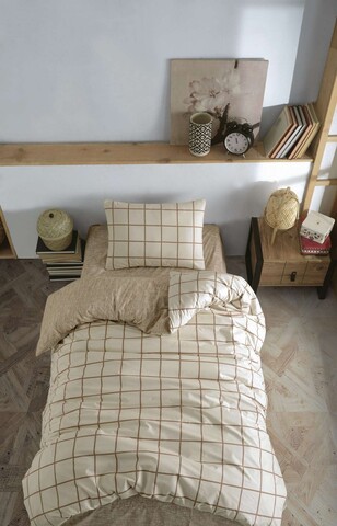 Lenjerie de pat pentru o persoana, L'essentiel Maison, Kare, Bumbac Ranforce, Crem