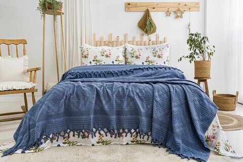 Set cuvertura pique dubla, L'essentiel Maison, Viola, Bumbac, Indigo