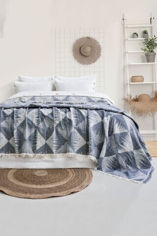 Set cuvertura de pat dubla 3 piese, L'essentiel Maison, Dolce, Bumbac , Albastru navy