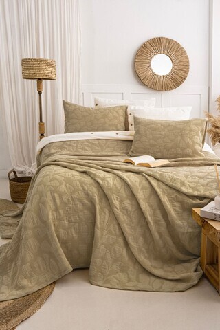 Set cuvertura de pat dubla 3 piese, L'essentiel Maison, Bambi, Bumbac, Kaki