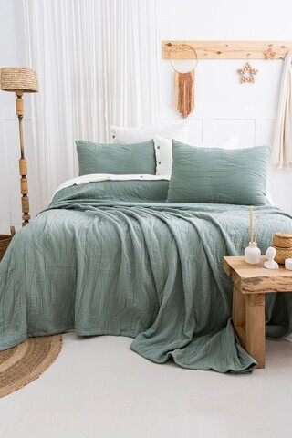 Set cuvertura de pat dubla 3 piese, L'essentiel Maison, Janna, Bumbac, Verde