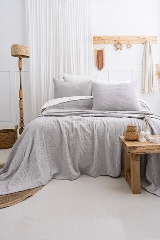 Set cuvertura de pat dubla 3 piese, L'essentiel Maison, Janna, Bumbac, Gri deschis