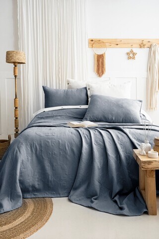Set cuvertura de pat dubla 3 piese, L'essentiel Maison, Julia, Bumbac, Albastru