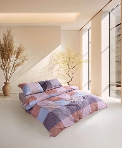 Lenjerie de pat dubla, L'essentiel Maison, Roan, Bumbac Ranforce, Albastru / Mov / Portocaliu / Roz