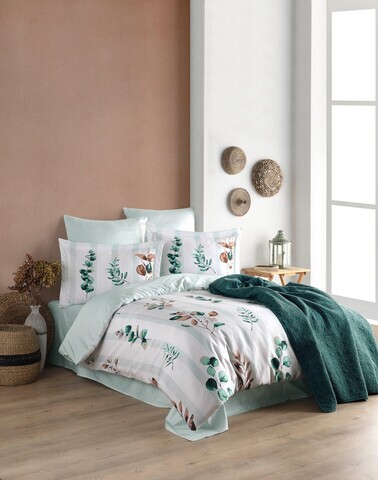 Lenjerie de pat dubla, L'essentiel Maison, Vicanze, Bumbac Satinat, Verde/Alb