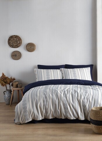 Lenjerie de pat dubla, L'essentiel Maison, Coastal Trio, Bumbac Satinat, Albastru indigo / Crem