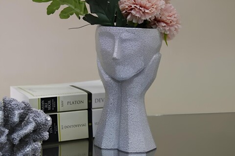 Ghiveci, CY0457, 11x20x11 cm, Poliester, Argintiu