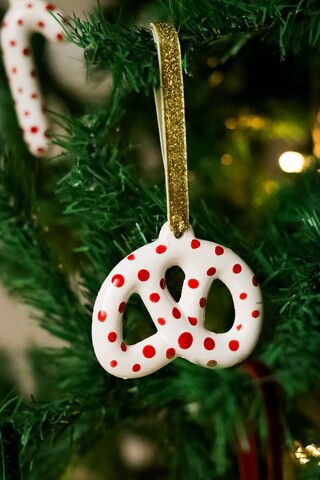 Ornament de brad de Crăciun, BSY512, 8x7.5 cm, Ceramica, Alb/Rosu