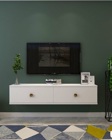 Comoda TV, Hanah Home, Zuzu 120, 120x25.8x29.6 cm, PAL , Alb/Auriu