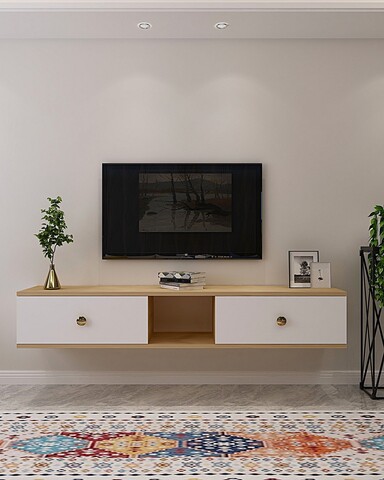 Comoda TV, Hanah Home, Zuzu 150, 150x25.6x29.6 cm, PAL , Stejar Safir / Alb