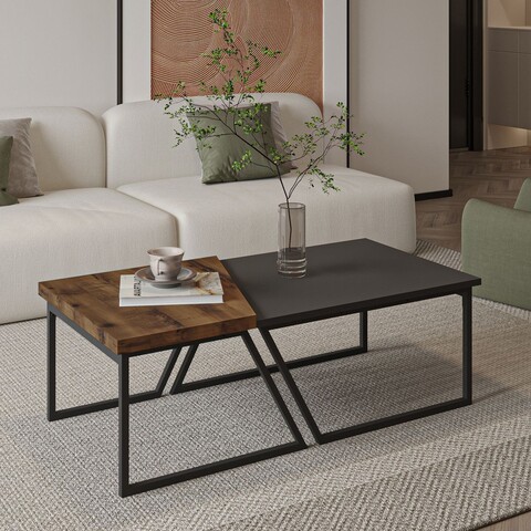 Set masute de cafea, Hanah Home, Verona P0024623, PAL, Antracit / Nuc rustic