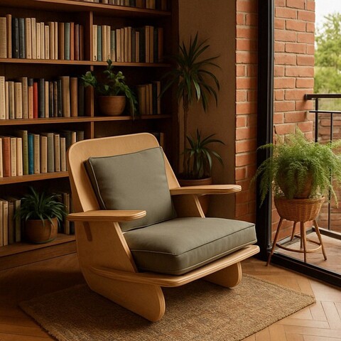 Fotoliu, Hanah Home, Stylish, 55x60x55 cm, 100% BIRCH PLYWOOD, Lemn natural / Kaki