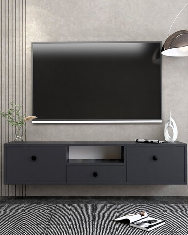 Comoda TV, Hanah Home, 1301-DROP-1, 140x30x30 cm, PAL , Antracit / Negru