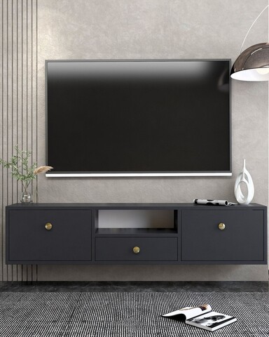 Comoda TV, Hanah Home, 1301-DROP-1, 140x30x30 cm, PAL , Antracit / Aur