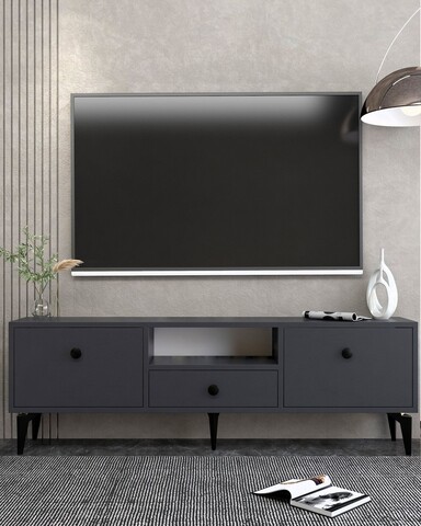 Comoda TV, Hanah Home, 1300-DROP-1, 140x49x30 cm, PAL , Antracit / Negru