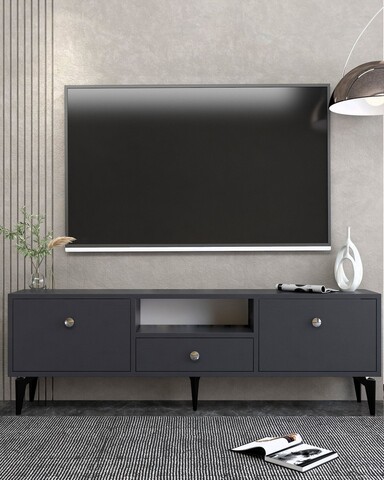 Comoda TV, Hanah Home, 1300-DROP-1, 140x49x30 cm, PAL , Antracit / Argintiu