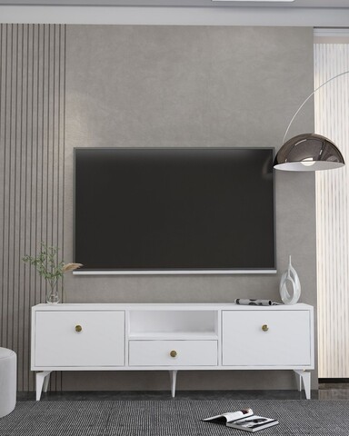 Comoda TV, Hanah Home, 1300-DROP-1, 140x49x30 cm, PAL , Alb/Auriu