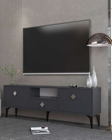 Comoda TV, Hanah Home, 1304-DROP-1, 140x49x30 cm, PAL , Antracit / Argintiu