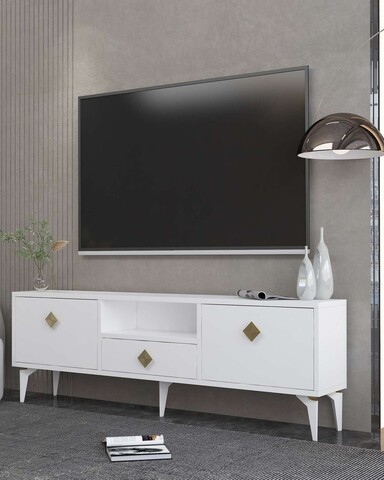 Comoda TV, Hanah Home, 1304-DROP-1, 140x49x30 cm, PAL , Alb/Auriu