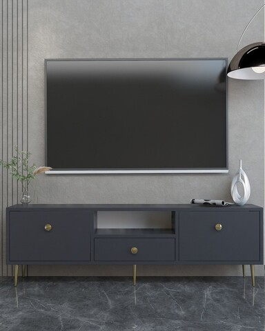 Comoda TV, Hanah Home, 1307-DROP-1, 140x45x30 cm, PAL , Antracit / Aur