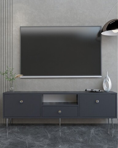 Comoda TV, Hanah Home, 1307-DROP-1, 140x45x30 cm, PAL , Antracit / Argintiu