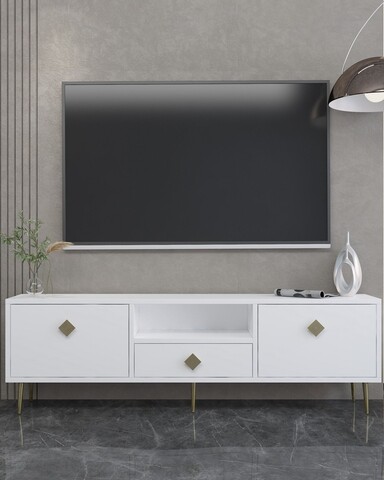 Comoda TV, Hanah Home, 1308-DROP-1, 140x45x30 cm, PAL , Alb/Auriu