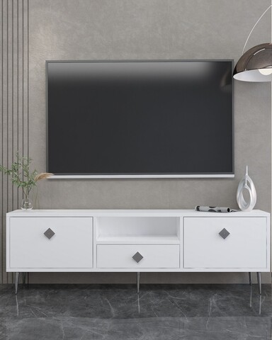 Comoda TV, Hanah Home, 1308-DROP-1, 140x45x30 cm, PAL , Alb / Argintiu