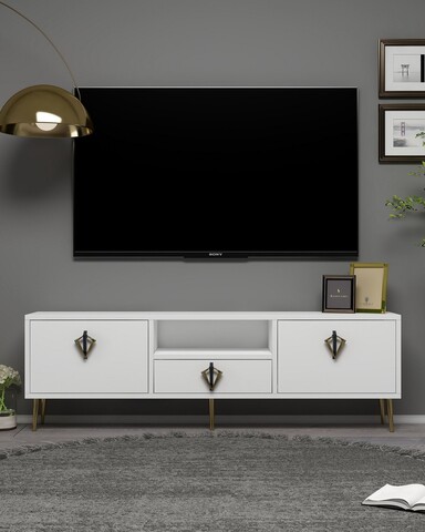 Comoda TV, Hanah Home, 1311-DROP-32, 140x45x30 cm, PAL , Alb / Negru / Auriu