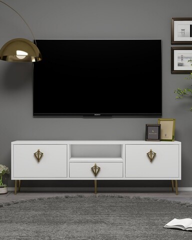 Comoda TV, Hanah Home, 1313-DROP-32, 140x45x30 cm, PAL , Alb/Auriu