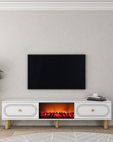 Comoda TV, Hanah Home, Polen Bohem Fireplace, 150x44.6x29.6 cm, PAL , Alb