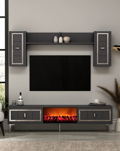 Comoda TV, Hanah Home, Orion Fireplace, 150x44.6x29.6 cm, PAL , Antracit / Argintiu