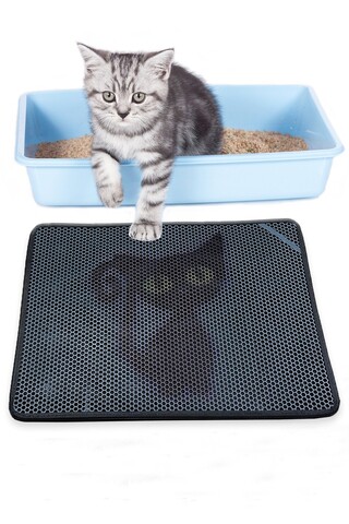 Covoras litiera pentru colectarea granulelor de nisip, Paws & Whiskers, Kitty, Upper: 100% PVC, Albastru gri