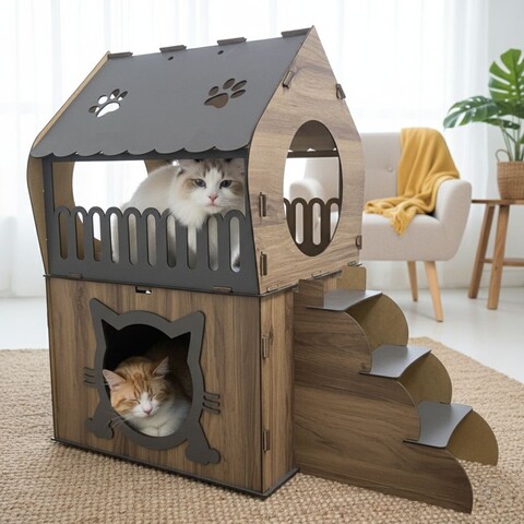 Casă pentru pisici, Paws & Whiskers, Adora, MDF, Antracit / Nuc deschis