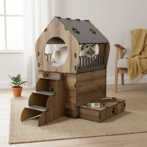 Casă pentru pisici, Paws & Whiskers, Nessa, MDF, Antracit / Stejar