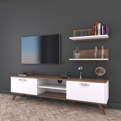 Comoda TV cu 2 rafturi M49 - 1048, Wren, 180 x 35 x 48.6 cm/60 cm, white/walnut