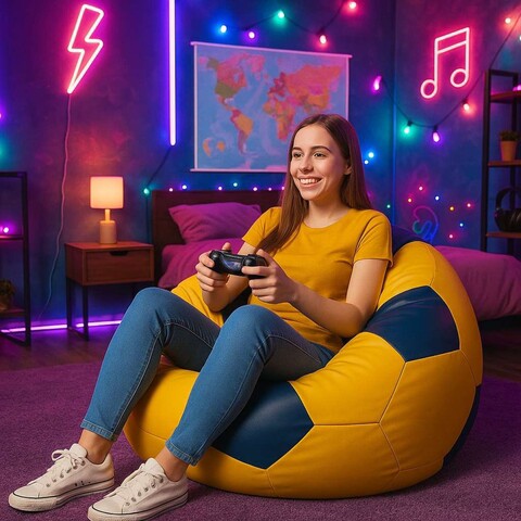 Fotoliu puf Bean Bag, Atelier del Sofa, 535PFT1224, Piele ecologica, Galben / Albastru