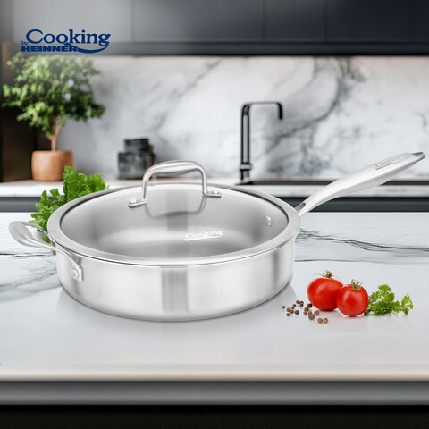 Tigaie adanca cu capac Atomic3, Cooking by Heinner, 28x7.5 cm, 4.2 L, inox/sticla, argintiu