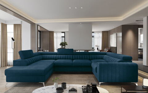 Coltar extensibil stanga 6 locuri ELTAP, LT-40NU, Louis, 347x202x92 cm, lemn/poliester, albastru inchis