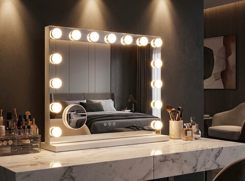 Oglinda de masa cu LED-uri, Mauro Ferretti, Hollywood, 55x14x43 cm, fier, alb