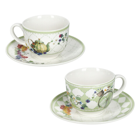 Set 2 cesti cu farfurie pentru cafea, Wonderland, Brandani, 11x6 cm, 70 ml, portelan New Bone China
